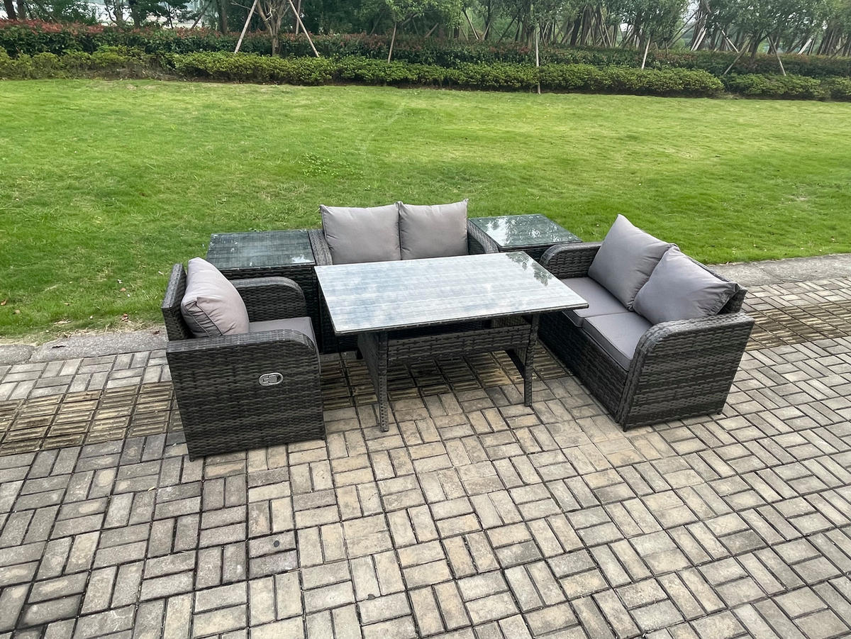 Gartenmöbelset mit Esstisch,Hockern,Beistelltisch Polyrattan Dunkelgrau 5-Sitzer - Dunkelgrau/Grau, Glas/Kunststoff - Fimous