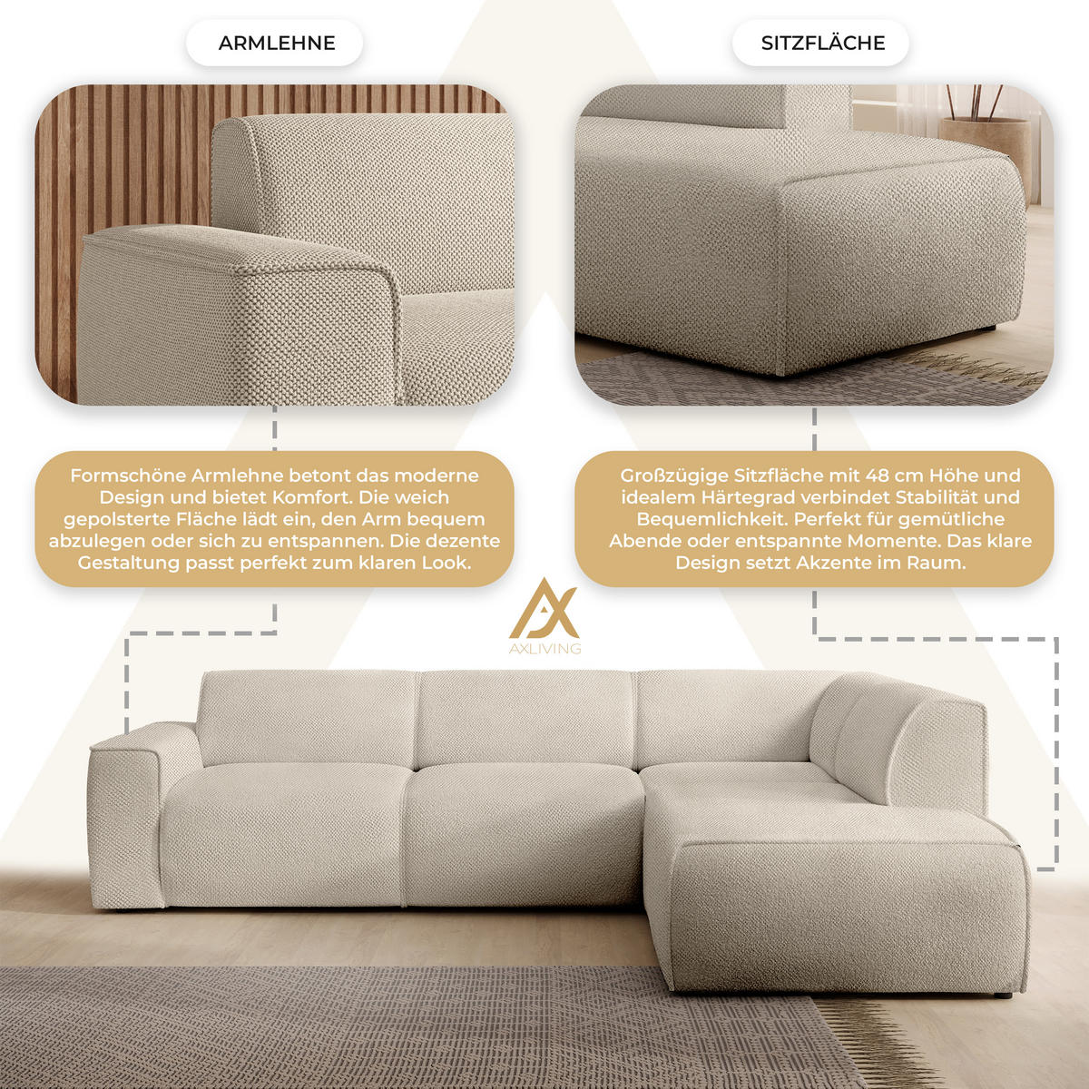 ECKSOFA L Form Didim Taupe 292/220/78 cm – großes Sofa stilvoll & bequem R - Taupe/Schwarz, Kunststoff/Textil (292/220cm) - AX Living