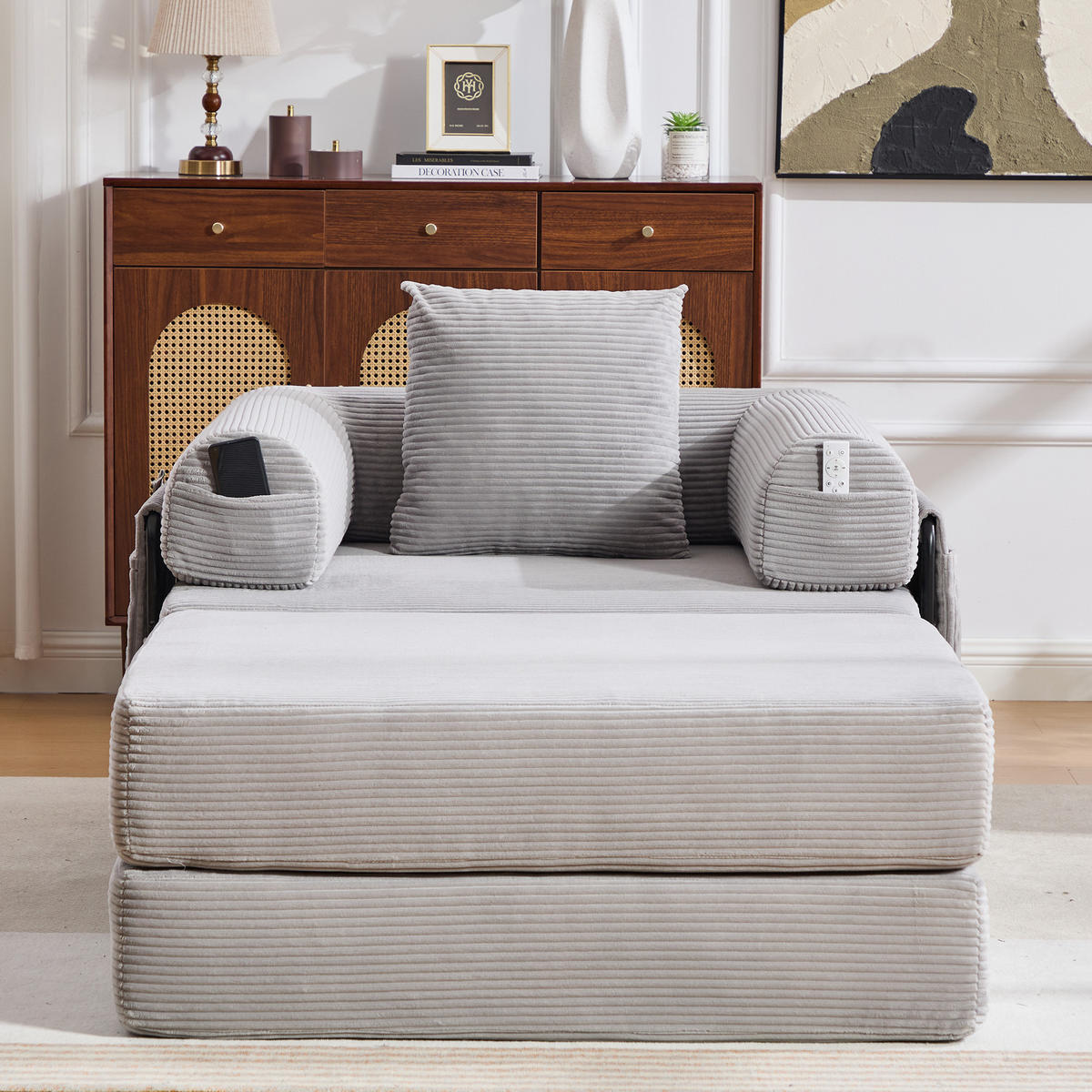 SOFA Cord Hellgrau mit Kissen und Hocker - Hellgrau, Textil/Metall (112/67/190cm) - WISHDOR