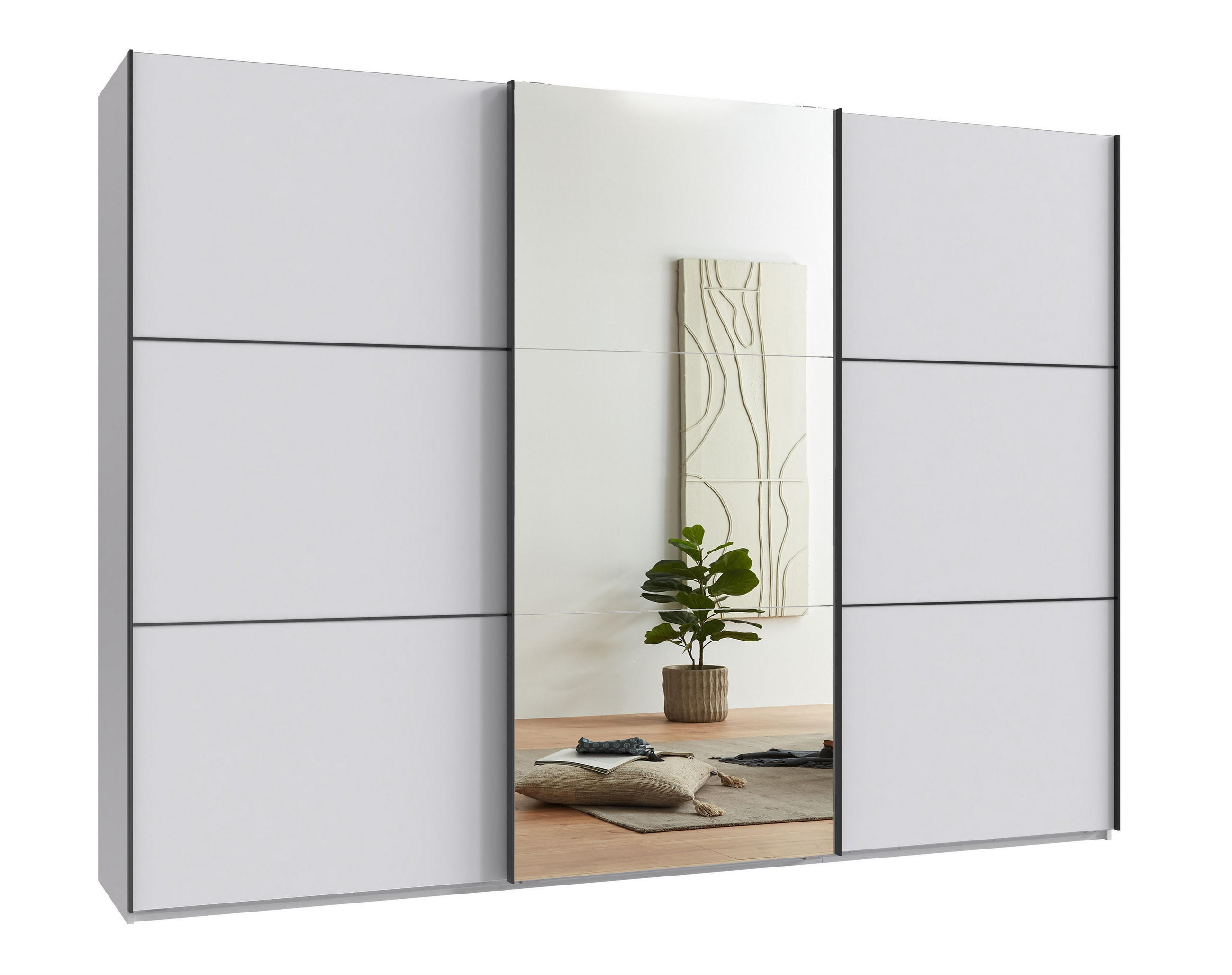 luma-home SKŘÍŇ S POSUVNÝMI DVEŘMI, 3dveřová, šířka 300 cm, výška 216 cm, hloubka 65 cm, bílá, s jedním zrcadlovým křídlem, včetně kompletního vybaven