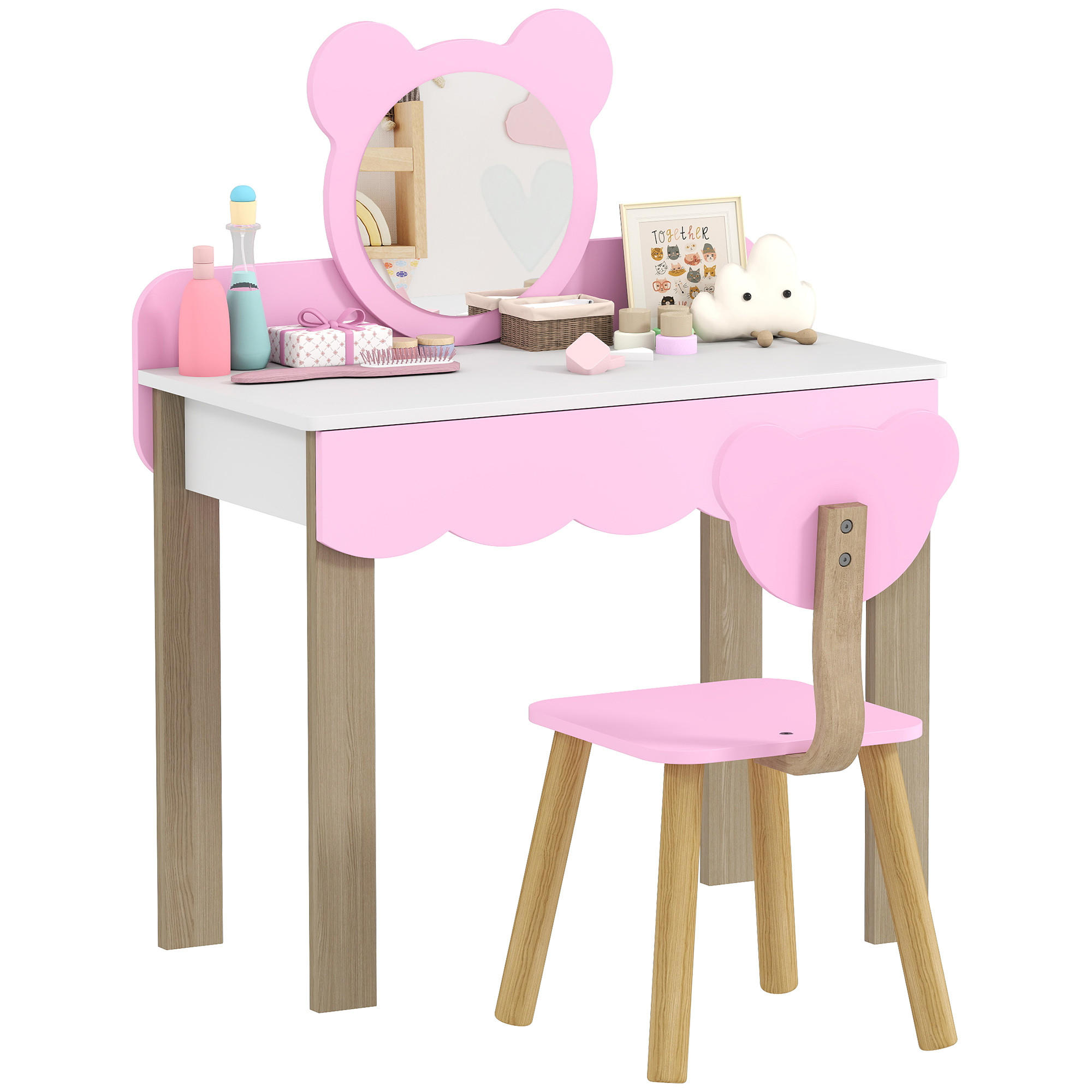 FRISIERTISCH-SET DE-10674 mit Hocker & Bärchenspiegel für Kinder Rosa - Pink, Holzwerkstoff (35/86/68cm) - ComfortXL