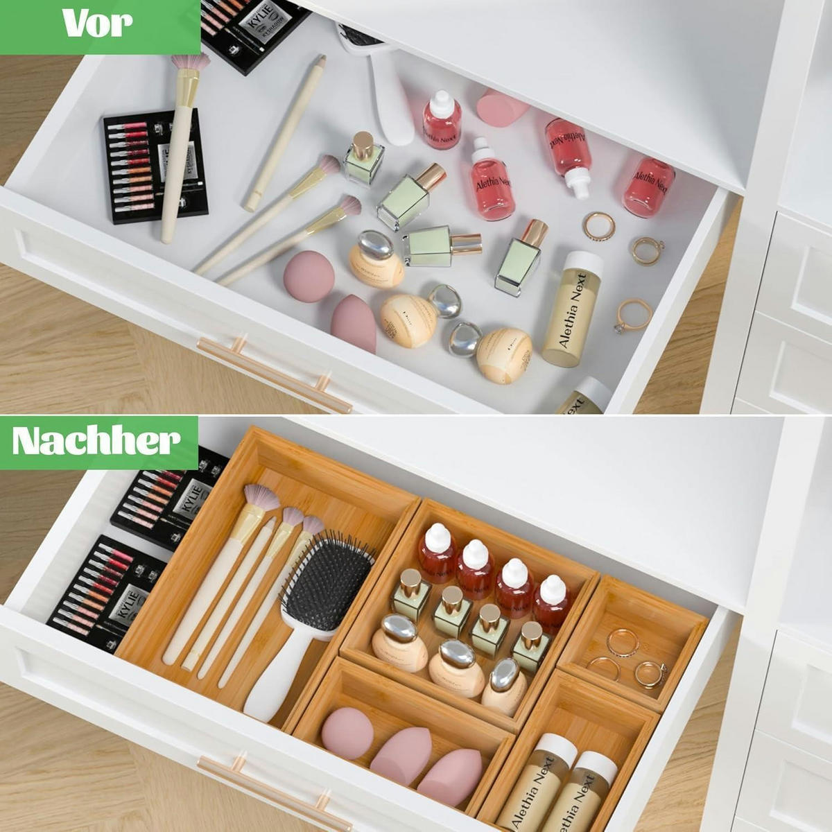 SCHUBLADEN Organizer 5-teiliges Set Bambus Stapelbar Natur - Braun, Naturmaterialen (17.5/6.5/26.5cm)
