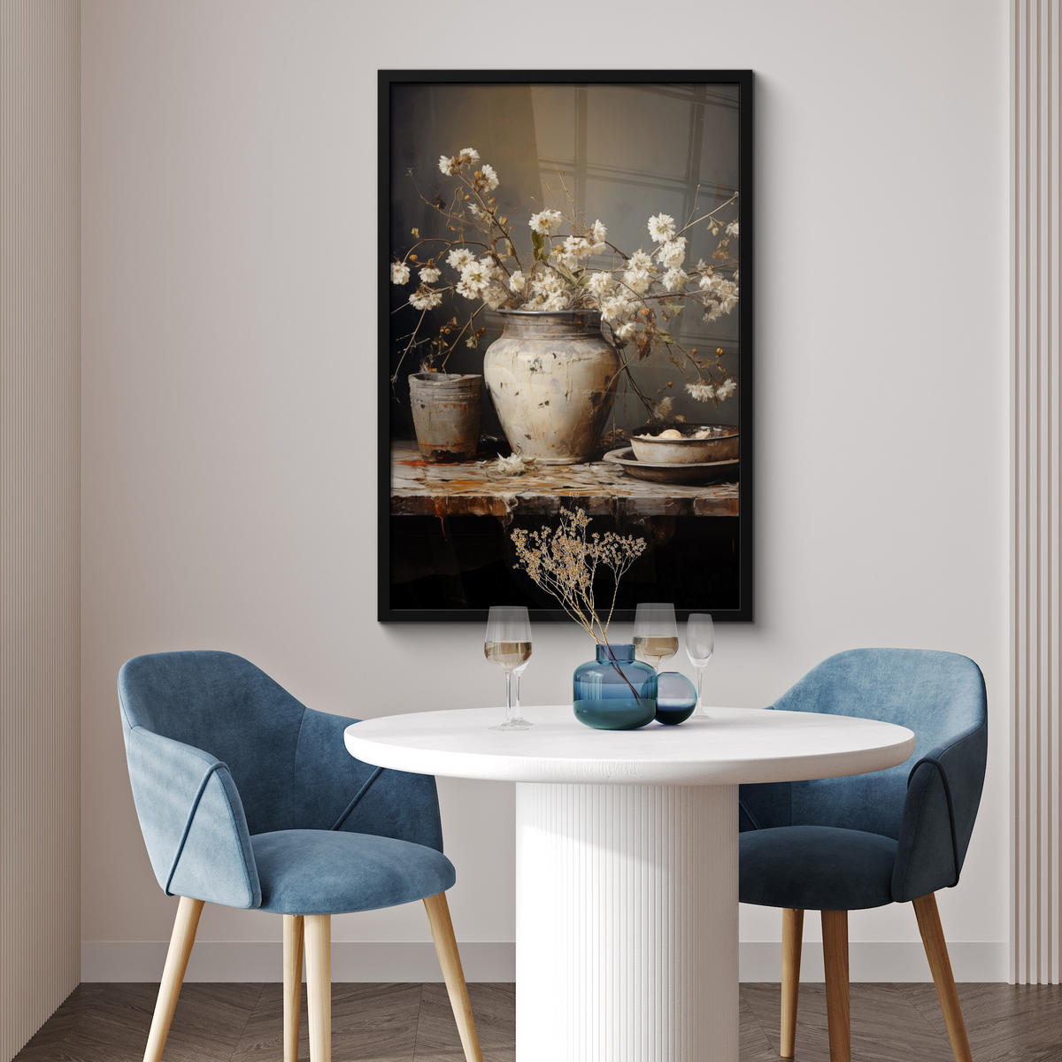 ZARÁMOVANÝ PLAGÁT Zátišie - Kvety - Kytica - Váza - Víno 60x90 cm - čierna, papier (60/90cm) - MuchoWow