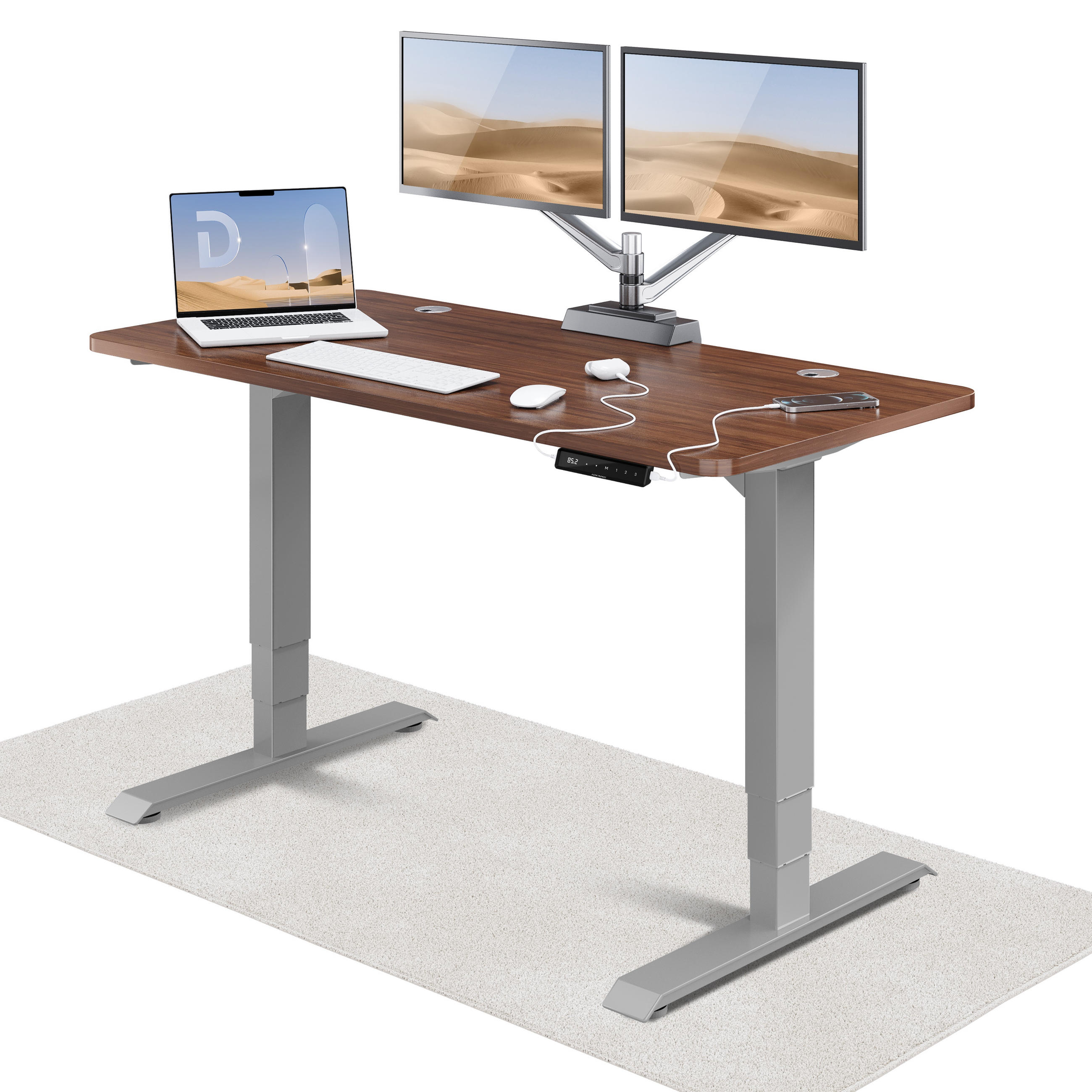 SCHREIBTISCH Elektrisch Höhenverstellbarer HomePro 140x70cm Grau/Walnuss mit Memory-Funktion, Anti-Kollisions Technologie - Walnussfarben/Grau, Holzwerkstoff (70/140/62cm) - Desktronic
