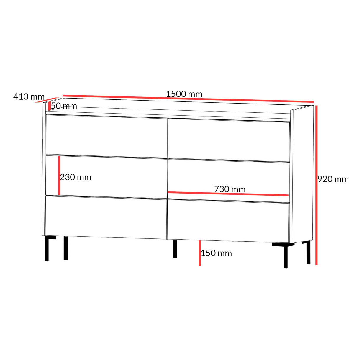 KOMMODE mit Schubladen Liam 6S 150 Schwarz - Schwarz, Holzwerkstoff/Metall (150/92/41cm) - mzm24