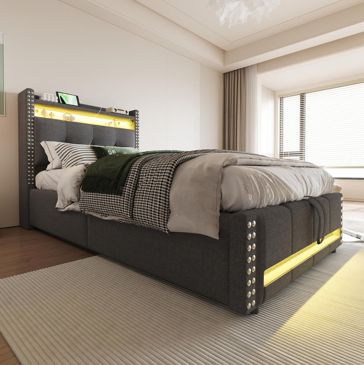 POLSTERBETT 90/200 cm mit LED-Beleuchtung und Bettkasten in Grau - Grau, Textil (90/200cm) - BEAOK