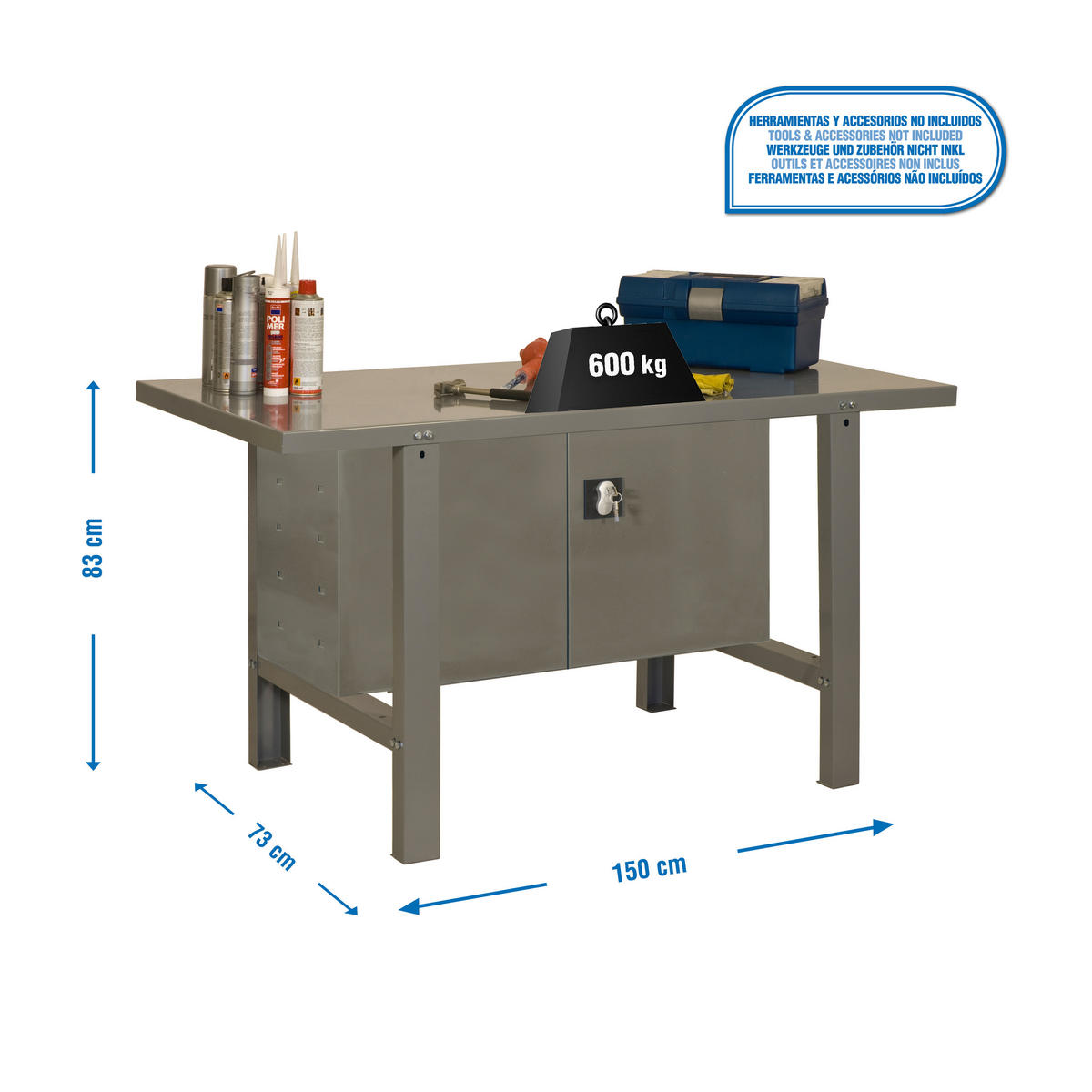 WERKBANK BUFFALO METAL mit Schrank | HxBxT 83x150x73cm | Traglast 600kg | Grau - Grau, Metall (150/83/73cm) - PROREGAL