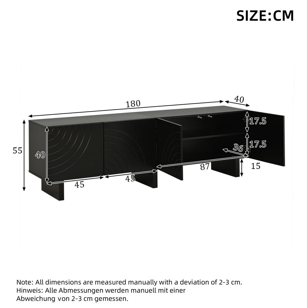TV-LOWBOARD 180/40/55 cm schwarz aus Spanplatte mit 4 Türen - Schwarz, Holzwerkstoff (180/55/40cm) - OKWISH