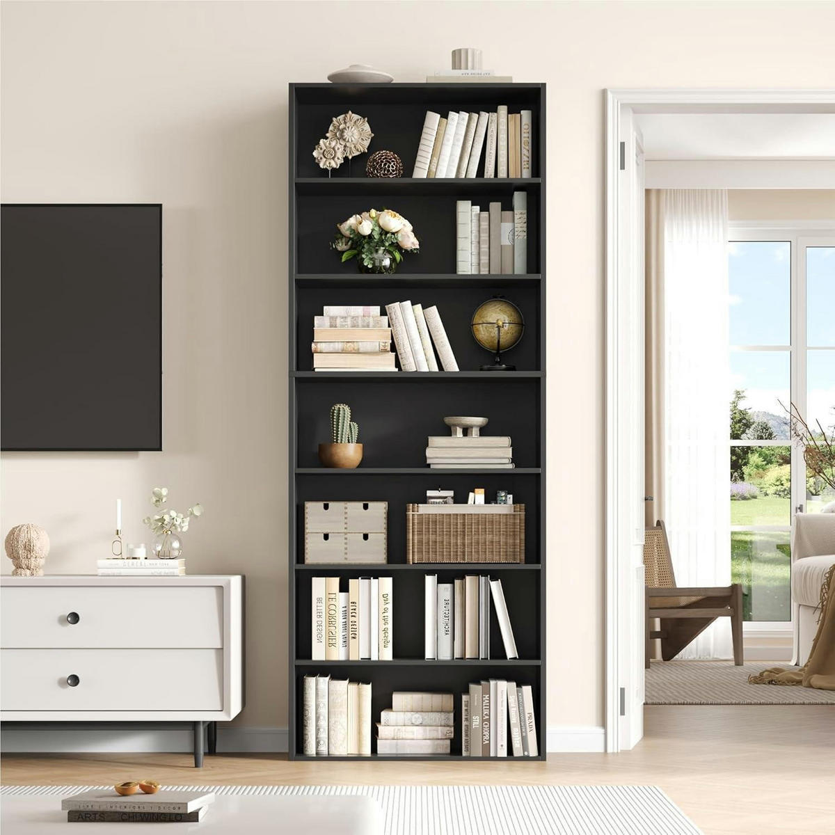 BÜCHERREGAL mit 7 Fächern schwarz 209,5 x 60 x 23,5 cm - Schwarz, Holzwerkstoff (60/210/23.5cm)
