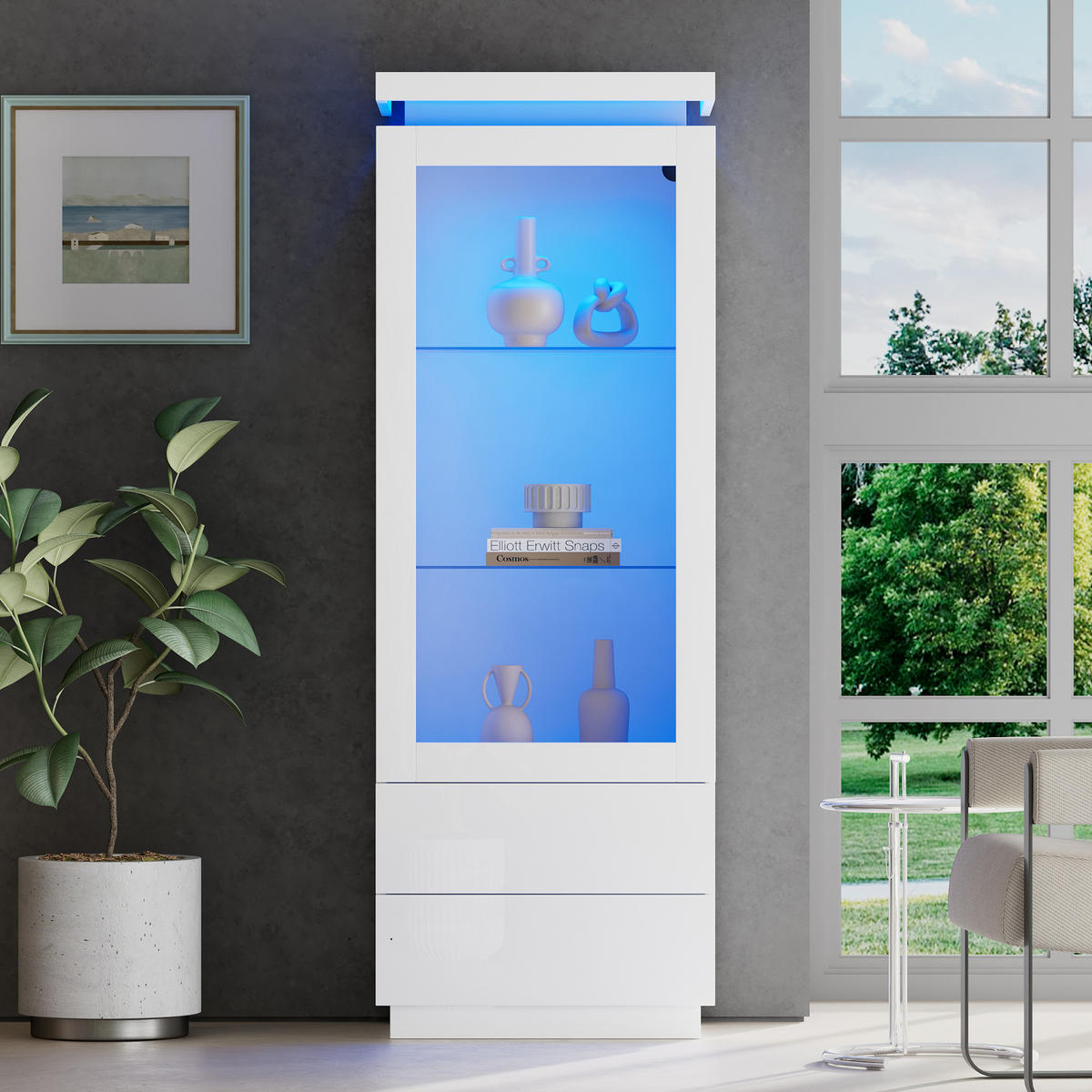 VITRINE in Weiß Hochschrank mit LED-Beleuchtung und 2 Schubladen für Wohnzimmer, B60/T40/H171cm - Transparent/Weiß, Glas/Holzwerkstoff (60/171/40cm) - STILVORA