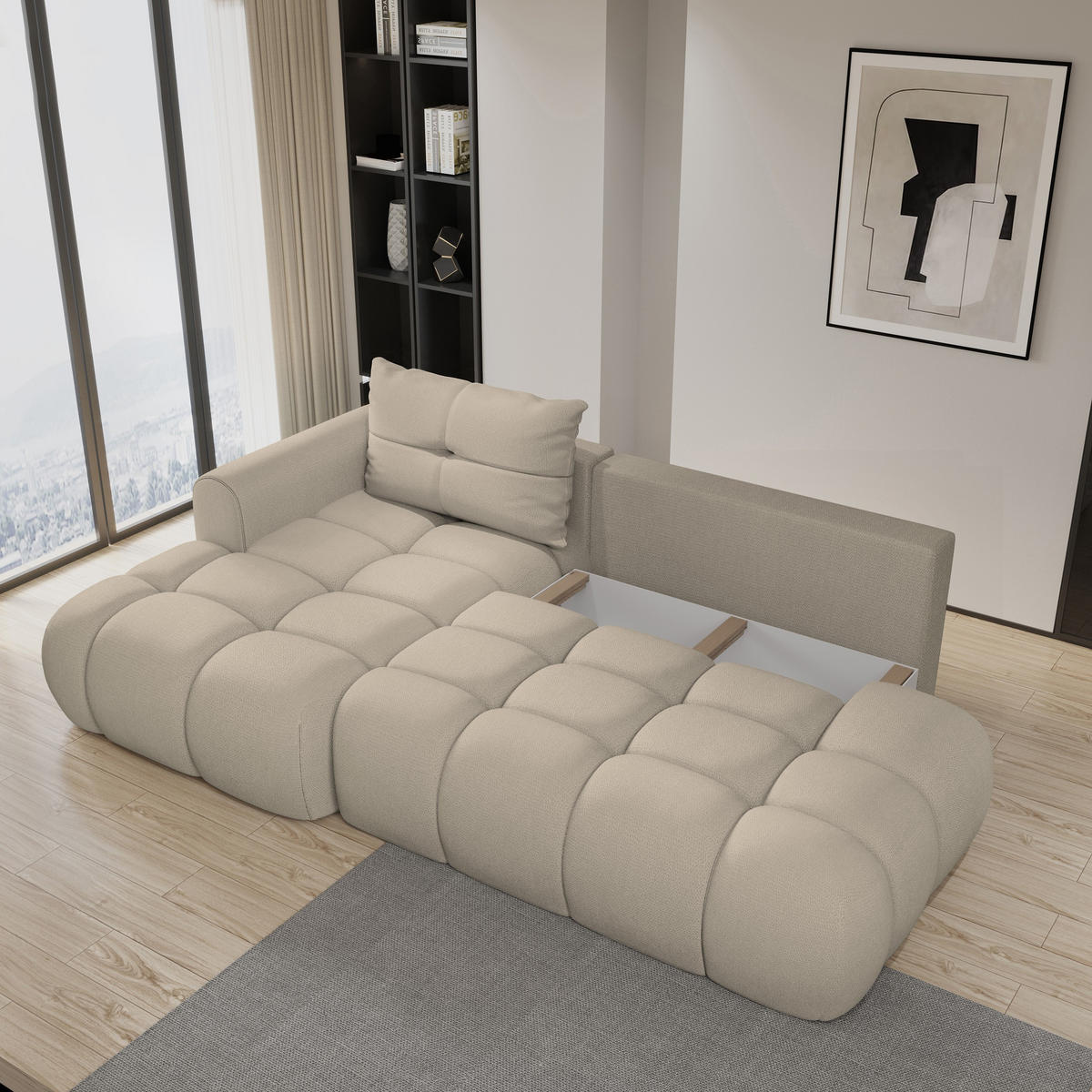ECKSOFA FLUMA L-S Beige Geflochtener Stoff mit Schlaffunktion - Beige, Holz (274/165cm) - MASSENO