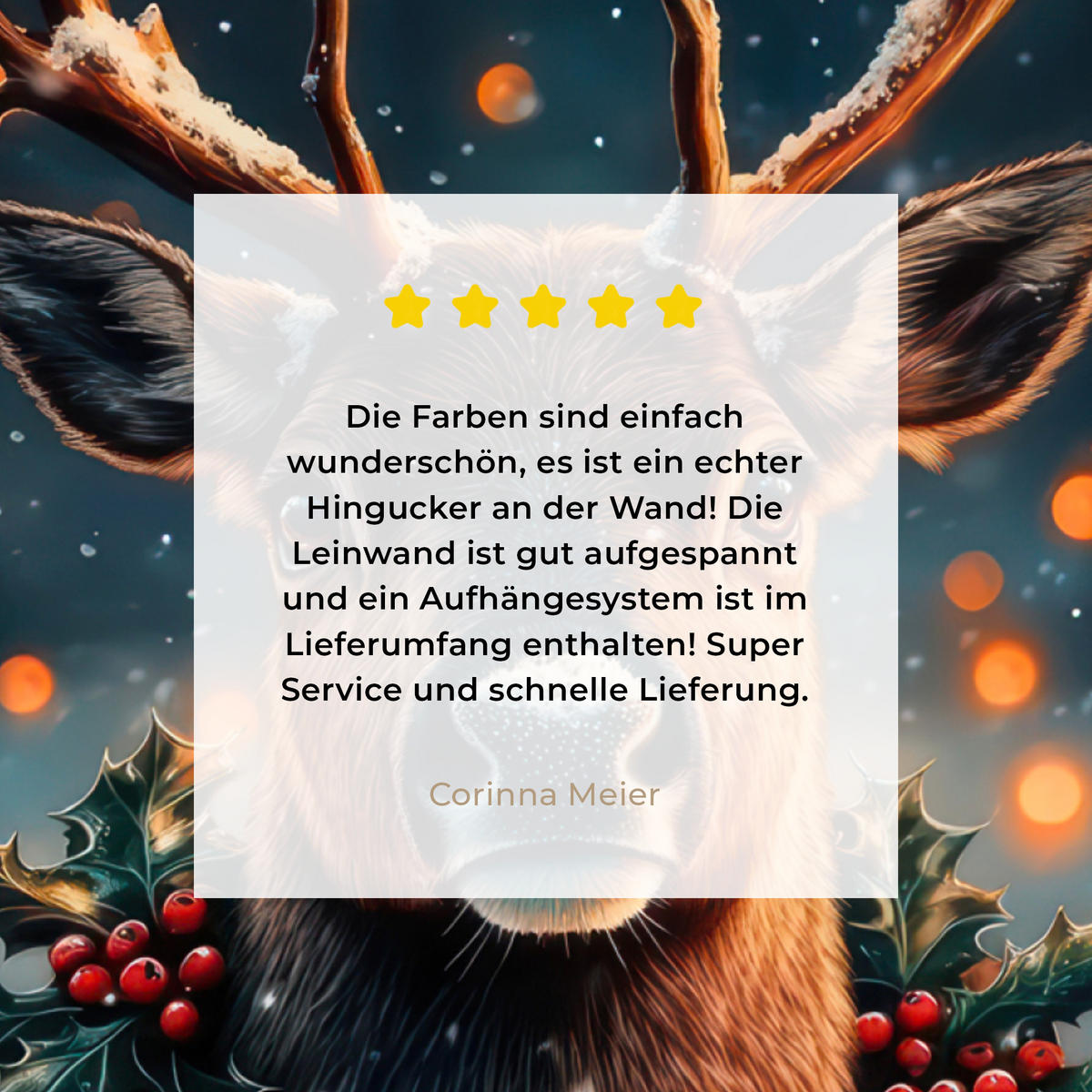 LEINWANDBILD Hirsch - Weihnachten - Winter - Schnee - Weihnachtskranz 50x50 cm - Dunkelbraun, Textil (50/50cm) - MuchoWow