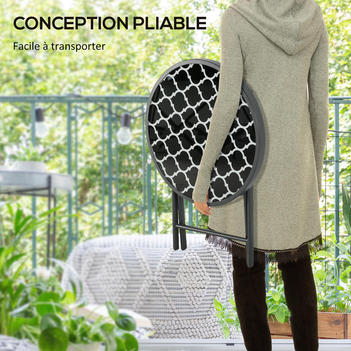 GARTENBEISTELLTISCH DE-14223 klappbar, mit Motivglas Schwarz - Schwarz, Metall (45/45/50cm) - ComfortXL