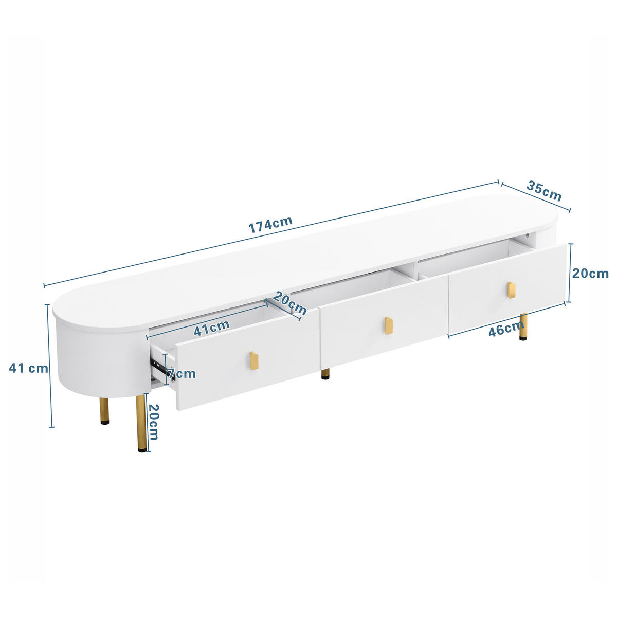 TV-ELEMENT mit Couchtisch - Kombination 2er-Set weiß mit Schubladen goldenen Akzenten - Weiß, Holzwerkstoff (174/41/35cm) - OKWISH