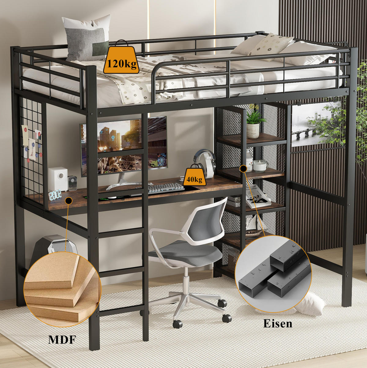 HOCHBETT 90/200 cm schwarz aus Metall mit Tisch und Regal mit Metallgitter - Schwarz, Holzwerkstoff (90/200cm) - OKWISH