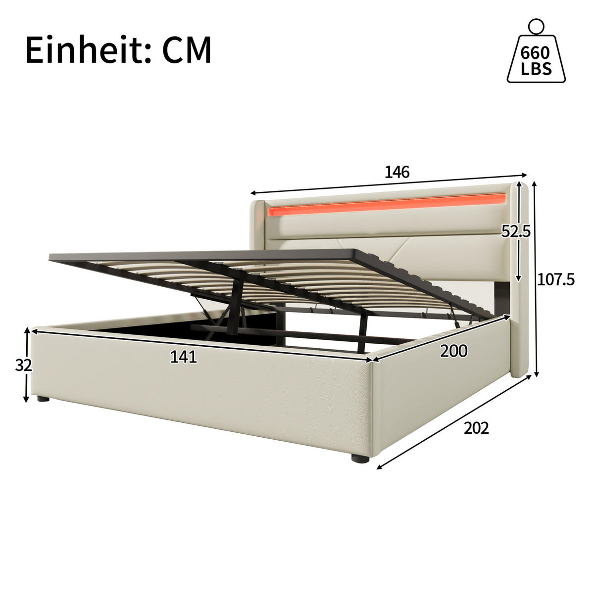 POLSTERBETT 140/200 cm Weiß aus PU mit LED-Beleuchtung und Bettkasten - Weiß, Kunststoff (140/200cm) - OKMYHOME