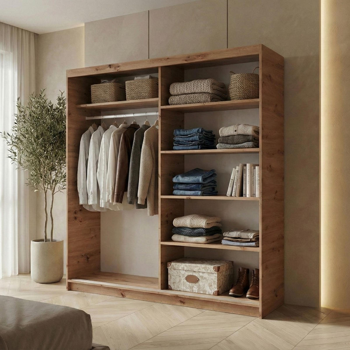 SCHWEBETÜRENSCHRANK Hela 180/205/60 2-türig eiche Artisan/schwarz mit Spiegel - Schwarz/Eiche Artisan, Holzwerkstoff (180/205/60cm) - Beautysofa