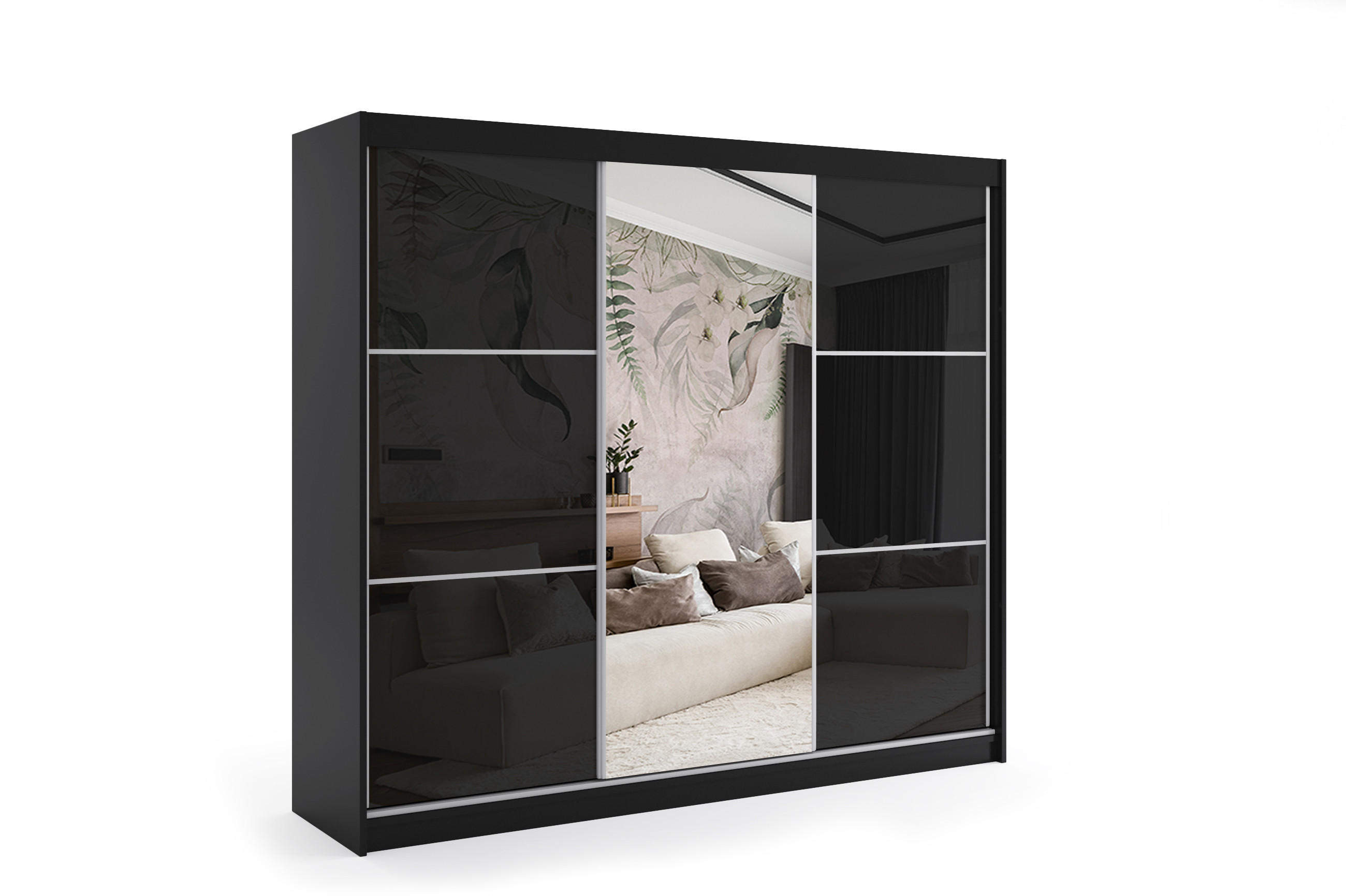 KLEIDERSCHRANK mit Spiegel-Schiebetüren und Aluminium-Leisten, LED-Beleuchtung - VIVONA - 240 cm Schwarz - Schwarz, Holzwerkstoff (240/216/61cm) - ALTDECOR