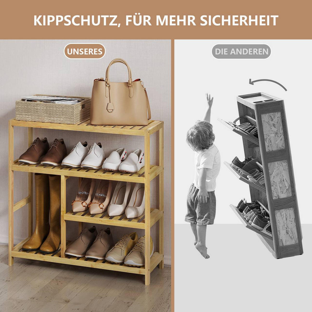 SCHUHREGAL mit 4 Ebenen, aus Bambus - Naturfarben, Naturmaterialien (68/68.5/26cm) - Woltu