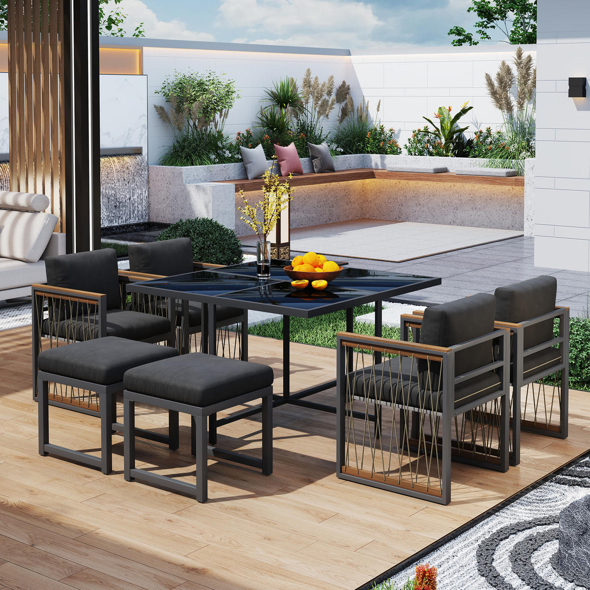 GARTENSET 7 tlg Glas Tisch 6 Personen - Schwarz, Metall - LEBENLANG