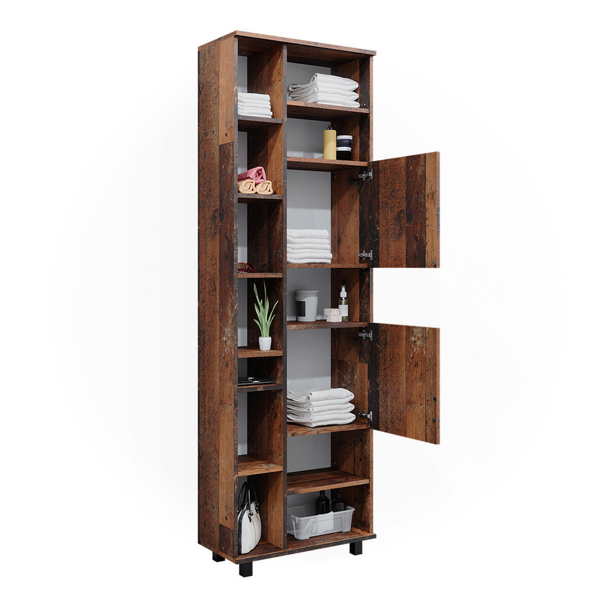 BADSCHRANK Ilias Eiche rustikal 60 x 190 cm mit Türen und offenen Fächern - Wildeiche, Holzwerkstoff (60/190/30cm) - Vicco
