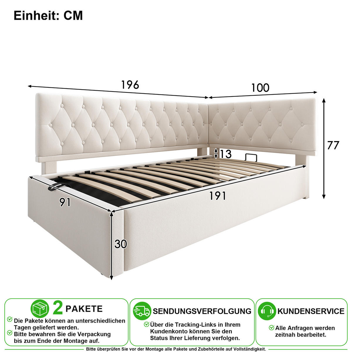 POLSTERBETT 90/190 cm in Beige Samt mit Bettkasten und L-Form - Beige, Holzwerkstoff/Textil (90/190cm) - CHICFURN