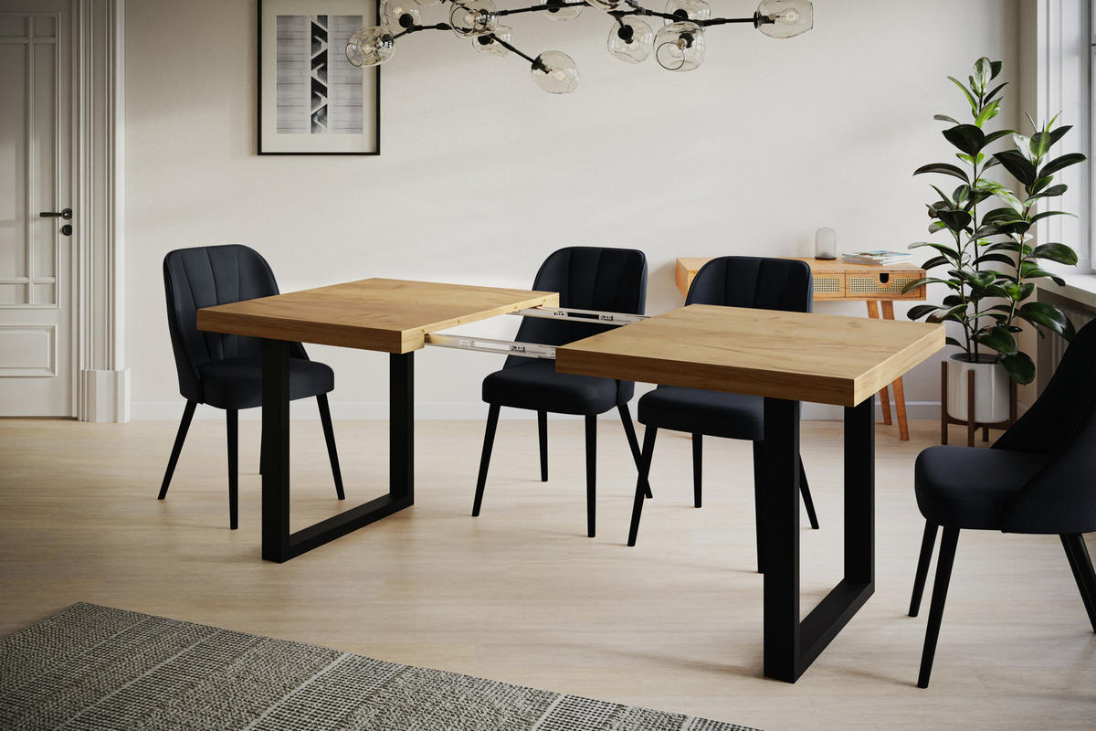 ESSZIMMERTISCH LOFT-U, ausziehbarer Tisch 120-220X80X77 cm, Farbe: CRAFT, mit Metallbeinen in Farbe Schwarz - Schwarz/Braun, Holzwerkstoff (120/80/77cm) - Alpi-Möbel