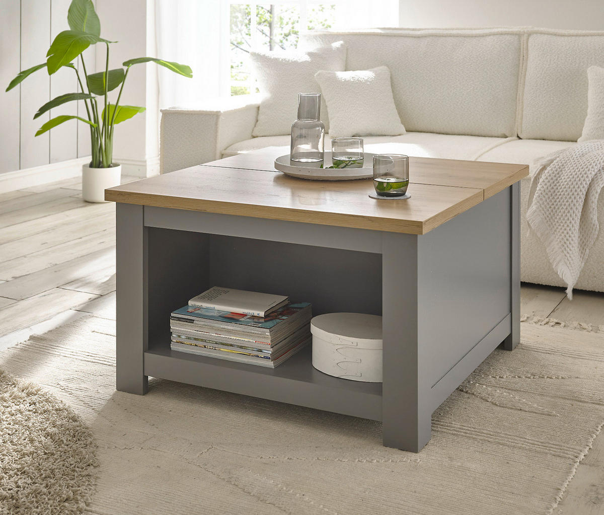 COUCHTISCH grau, Artisan Eiche Landhaus, Beistelltisch quadratisch mit Ablage - Hellgrau/Eiche Artisan, Holzwerkstoff/Metall (83/83/50cm) - Furn.Design