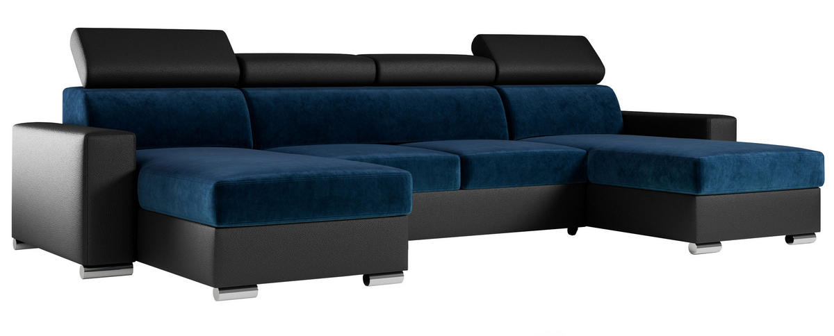 WOHNLANDSCHAFT FOX U Dunkelblau/Schwarz - Velvet/Kunstleder - Silberfarben/Schwarz, Kunststoff/Textil (306/98/168cm) - MKS