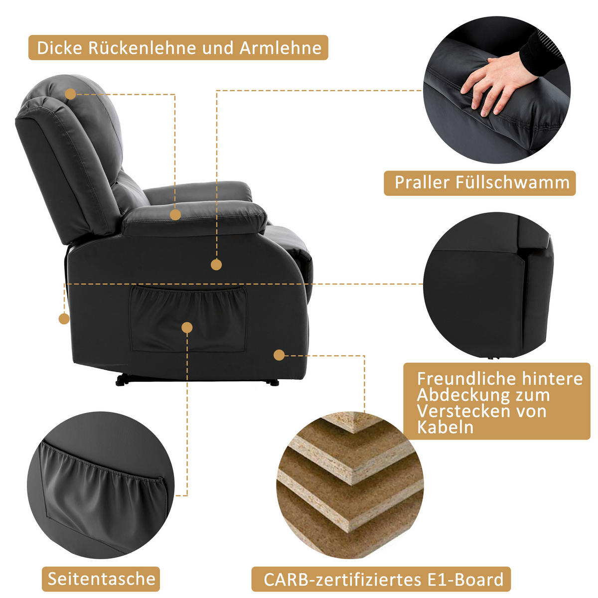 RELAXSESSEL mit Liegefunktion PU Leder Seitentasche 80/90/100 cm - Schwarz, Textil (80/100/90cm) - EVRYAE