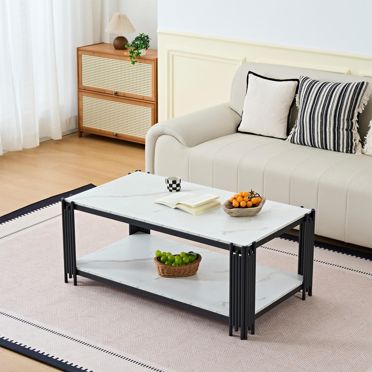 COUCHTISCH rechteckig Marmoroptik Weiß/Schwarz mit Metallbeinen 114/64/46 cm - Schwarz/Weiß, Holzwerkstoff/Metall (114/64/46cm)