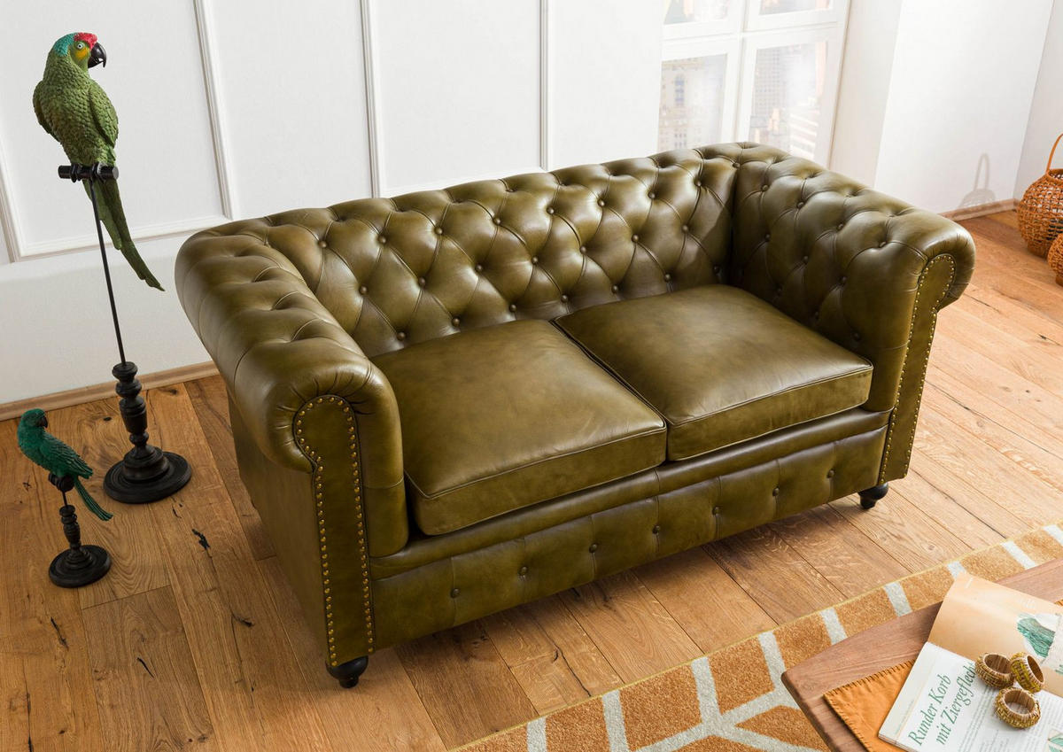 SOFA 2-Sitzer Echtleder 158x82x75 grün CHESTERFIELD #302 - Grün, Leder (162/75/82cm) - Massivmoebel24