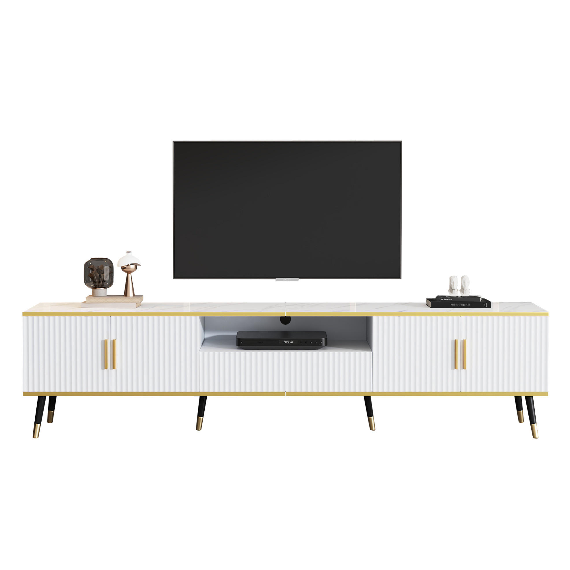 Modfu TV stolek z dřevotřísky 200x40x46 cm bílý s mramorovým dekorem, 2 dvířky, zásuvkou a vedením kabelů