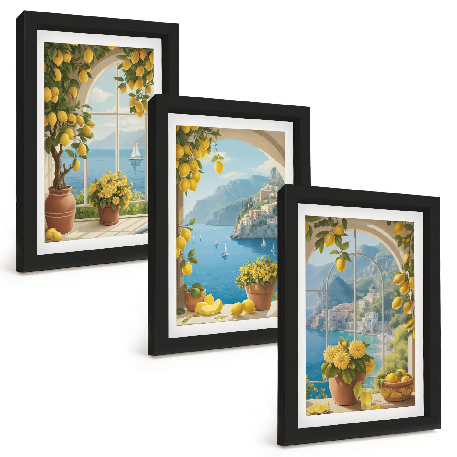 BILDER SET 3er Set - 20x30 cm Schwarzer Rahmen - Meereslandschaften, Zitronen, Fenster - Schwarz, Kunststoff (20/30cm) - TULUP
