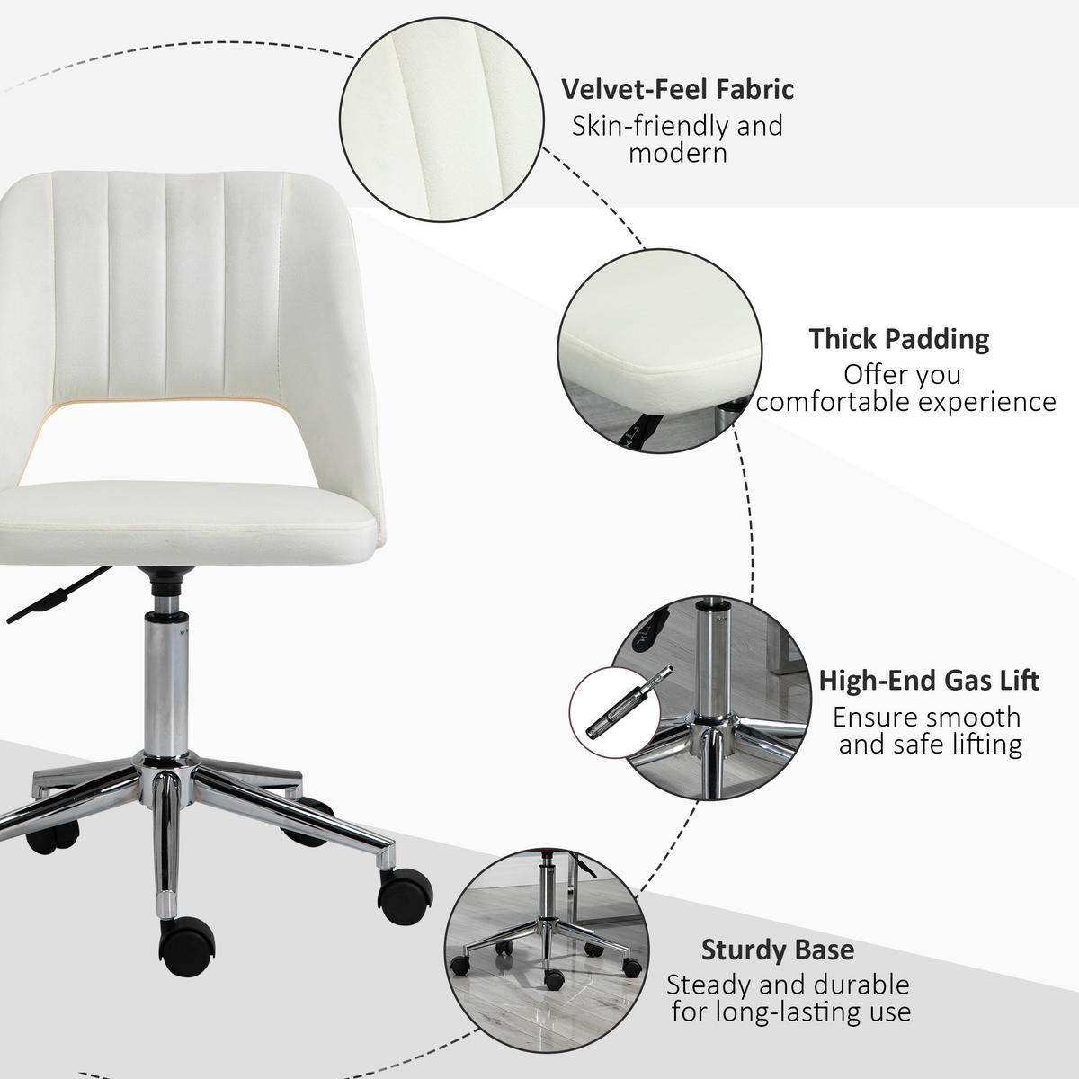 BÜROSTUHL Drehstuhl Jakobsmuschel-Form verstellbar Samtartiges Polyester - Chromfarben/Creme, Textil/Metall (60/91/49cm) - Vinsetto