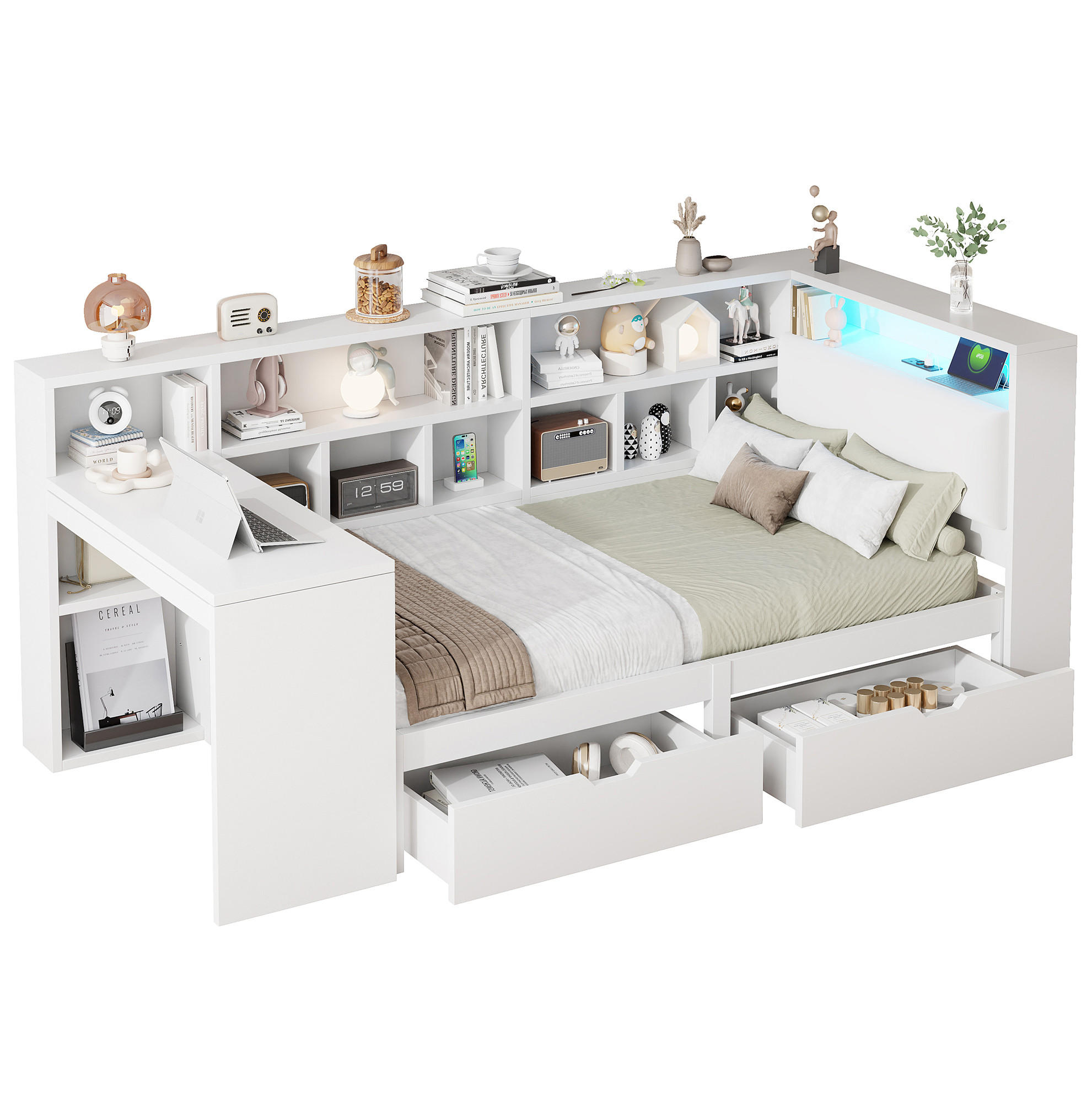 Modfu DĚTSKÁ postel z MDF a překližky 90x200 cm bílá s psacím stolem, knihovnou, LED osvětlením a úložným prostorem