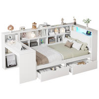 BETT aus MDF und Sperrholz 90x200 cm Weiß mit Schreibtisch, Bücherregal, LED und USB-Ladestation - Weiß, Holzwerkstoff (90/200cm) - Modfu