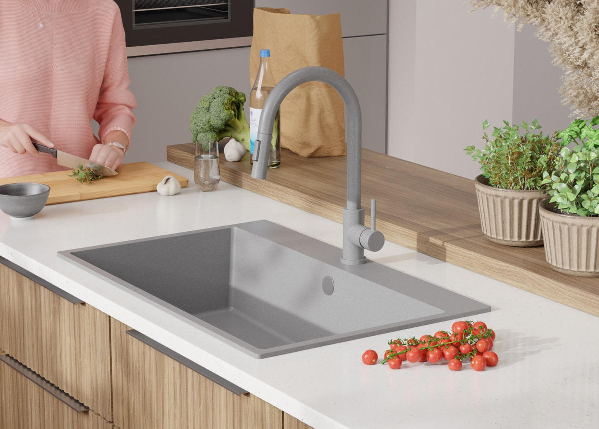 GRANITSPÜLE Riga, 2-er set Grau 78/50 cm 1 Becken + Küchenarmatur 32/20 cm + Ablauf-Set ab 80er Unterschrank - Chromfarben/Grau, Kunststoff (78/20/50cm) - Primagran