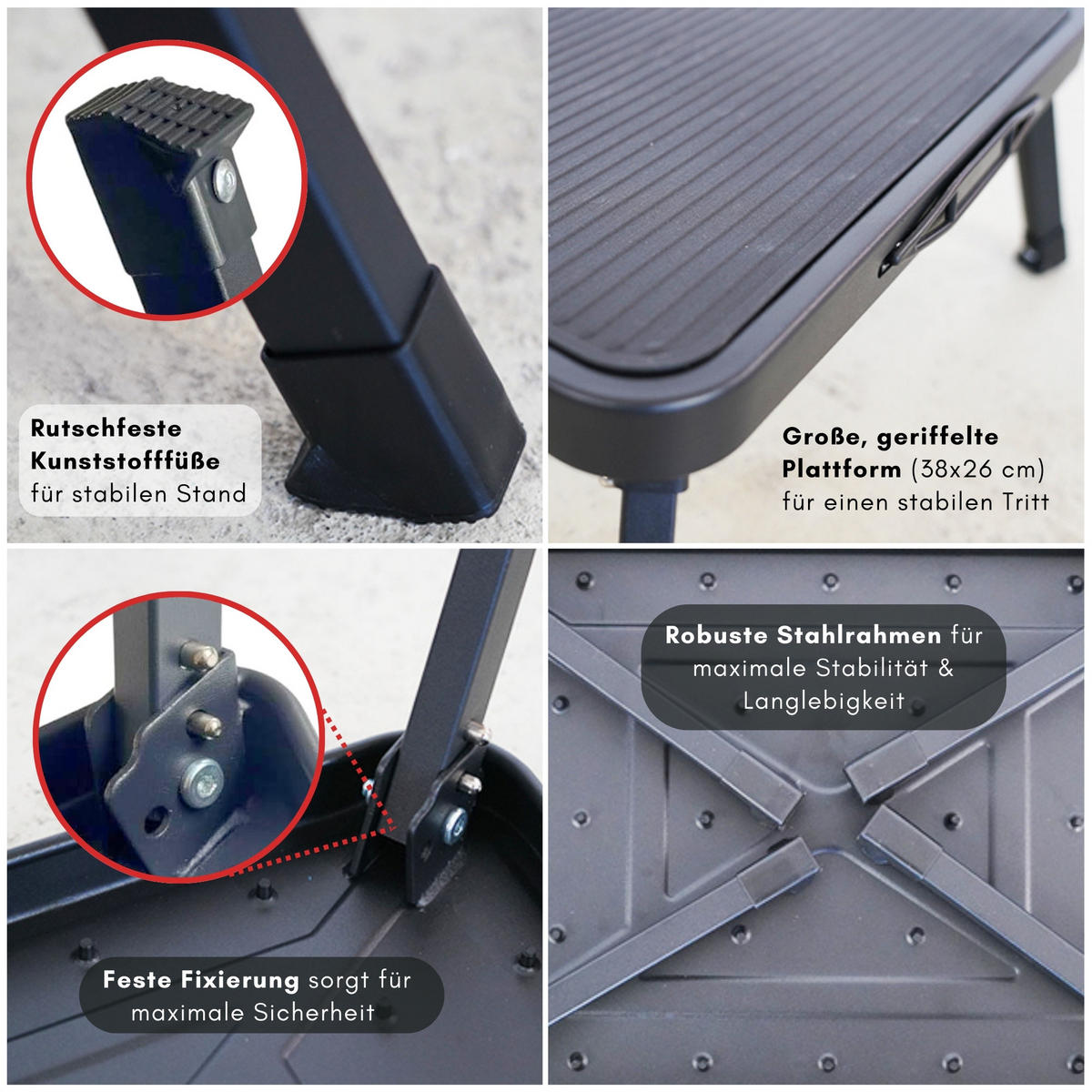 TRITTHOCKER klappbar 18x47x32cm Traglast 150kg Stahl Matt Schwarz - Schwarz, Kunststoff/Metall (47/18/32cm)