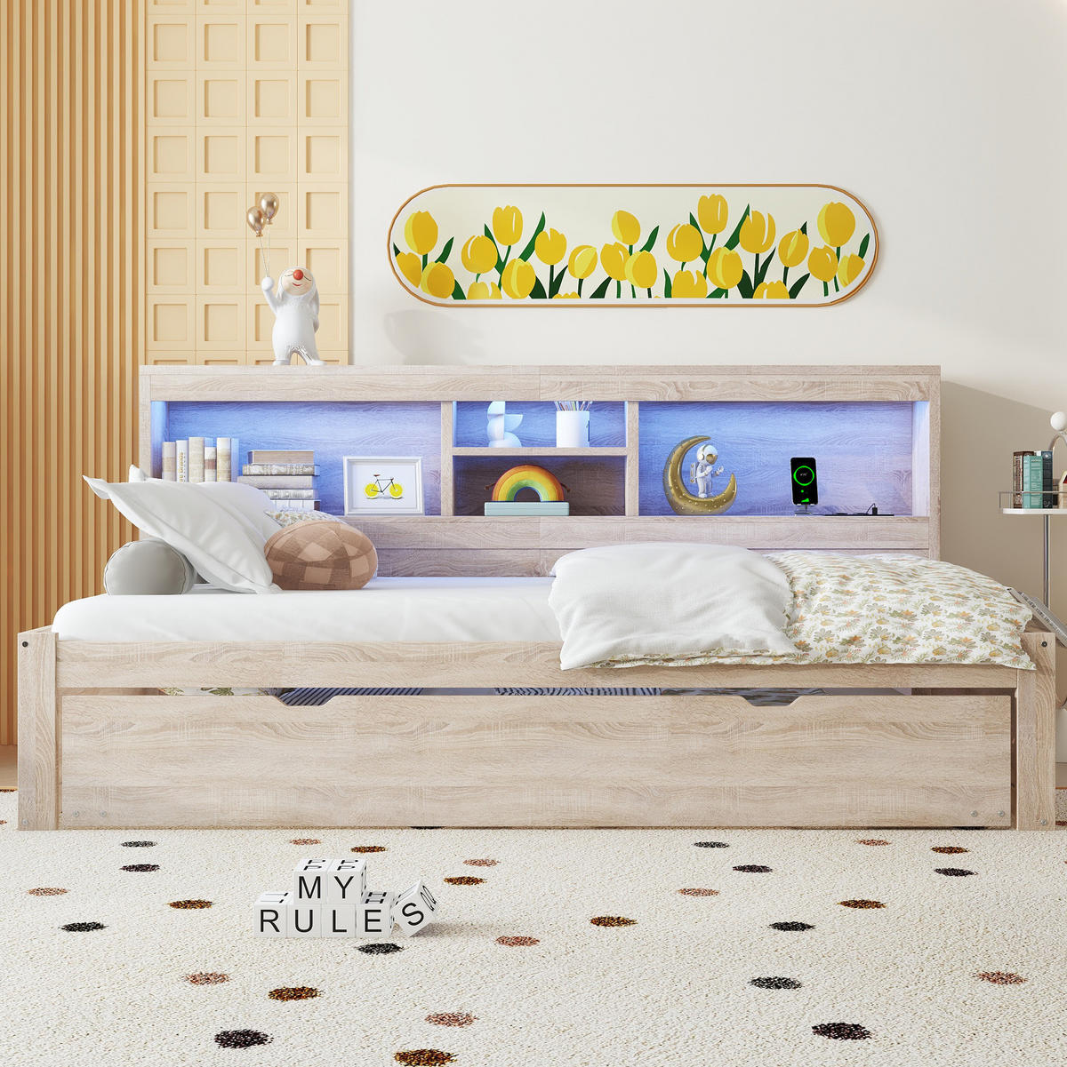 TAGESBETT aus Spanplatte und MDF 90x200 cm Natur mit Ausziehbett, Ambientebeleuchtung und USB-Anschluss - Naturfarben, Holzwerkstoff (90/200cm) - IVMEU