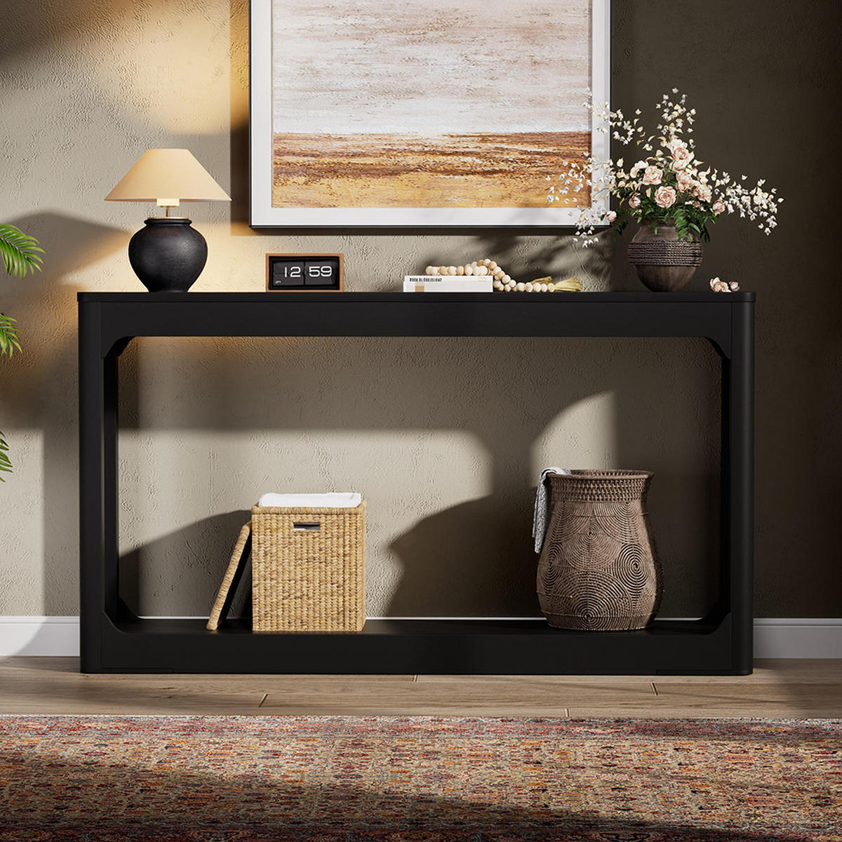 BEISTELLTISCH 140cm langer mit zweistöckiger Stauraumtisch, schwarz - Schwarz, Holz (140/30/79cm) - KOMHTOM