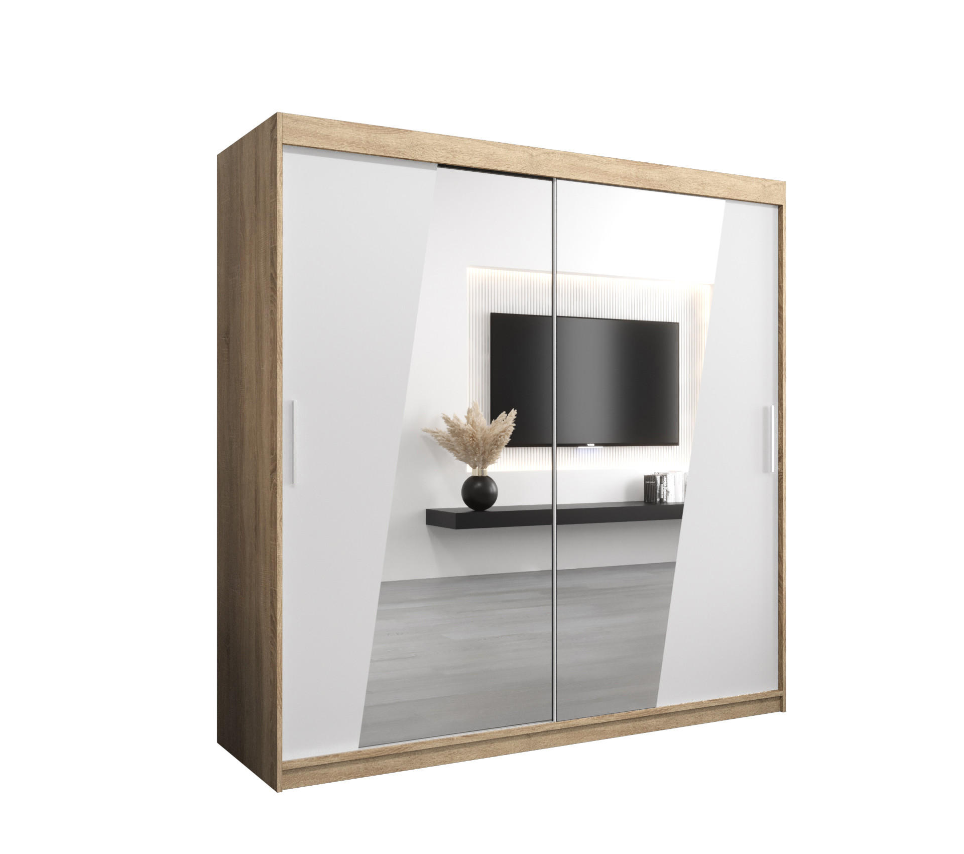 Abiks Möbel Schwebetürenschrank Sonoma Eiche, Weiß 200x200x62 cm