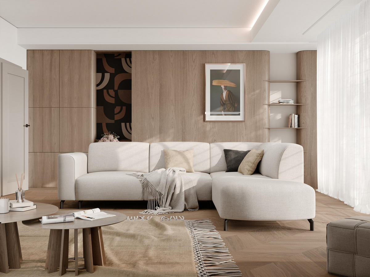 ECKSOFA TORIN Chenille-Stoff in Creme - Creme, Holzwerkstoff/Kunststoff (277/218cm) - Idohome