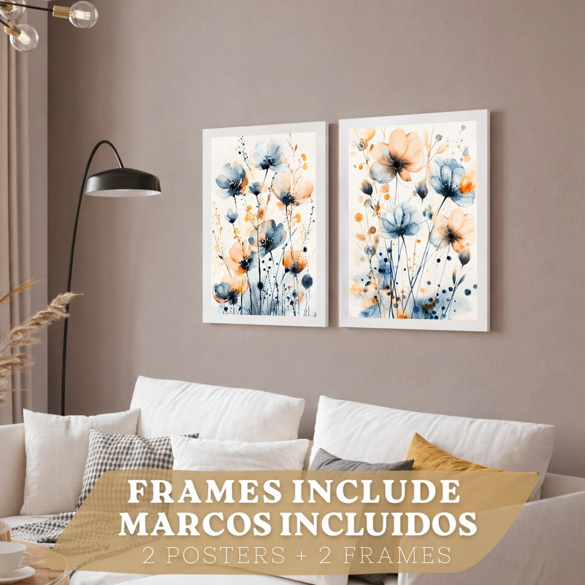 PLAKAT Sada 2 Modro-oranžový květ A4 Bílý rám - bílá, papír (29.7/1/21cm) - Nacnic