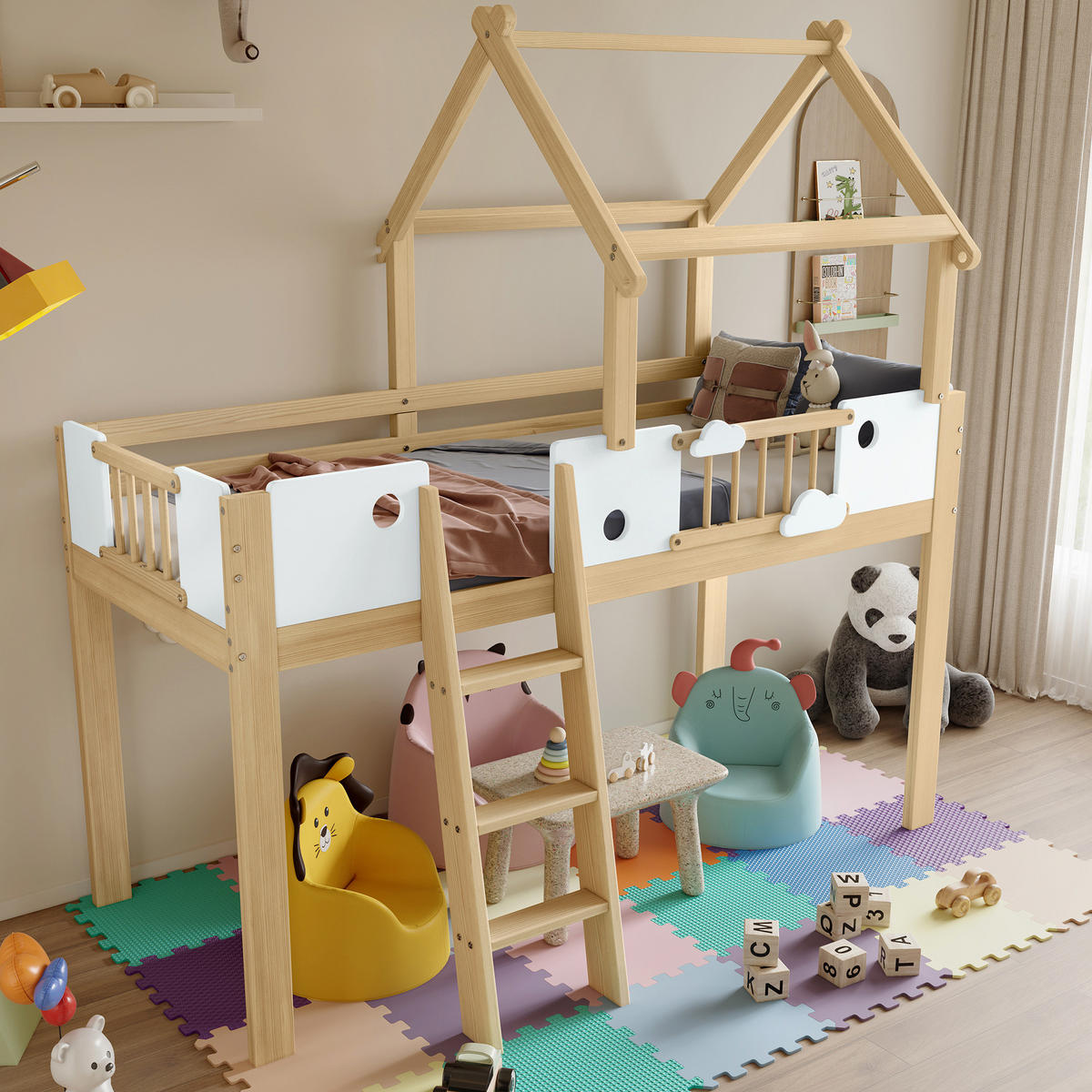 HAUSBETT 90/200 cm Weiß/Natur aus Kiefer, MDF und Sperrholz mit Dachdesign - Naturfarben, Holzwerkstoff (90/200cm) - OKMYHOME
