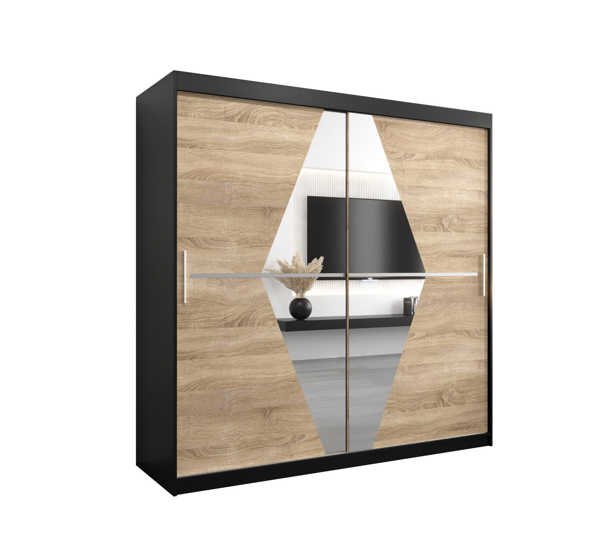 Abiks Möbel Schwebetürenschrank Schwarz, Sonoma Eiche 200x200x62 cm