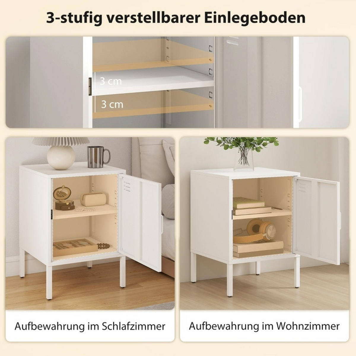 BEISTELLTISCH aus Stahl mit verstellbarem Regal, 40/40/56 cm, Weiß - Weiß, Metall (40/56/40cm) - Redom