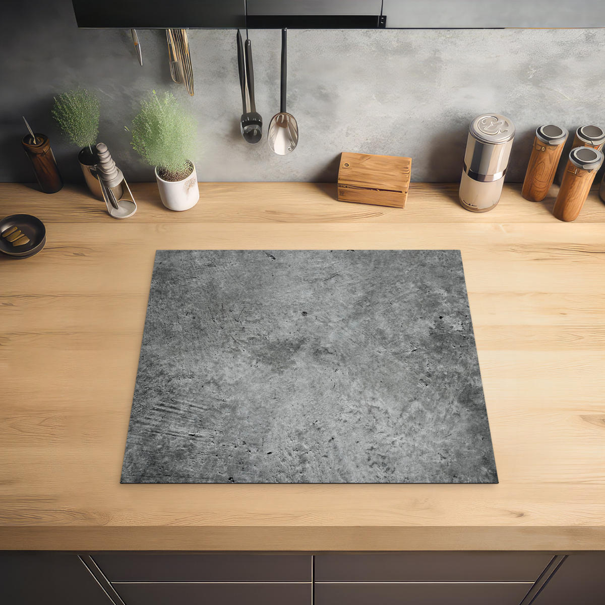 HERDABDECKPLATTE Beton - Schiefer - Grau -Betonstruktur Herdabdeckung Induktionsfeld 60x52 cm - Grau, Kunststoff (60/52/0.2cm) - MuchoWow