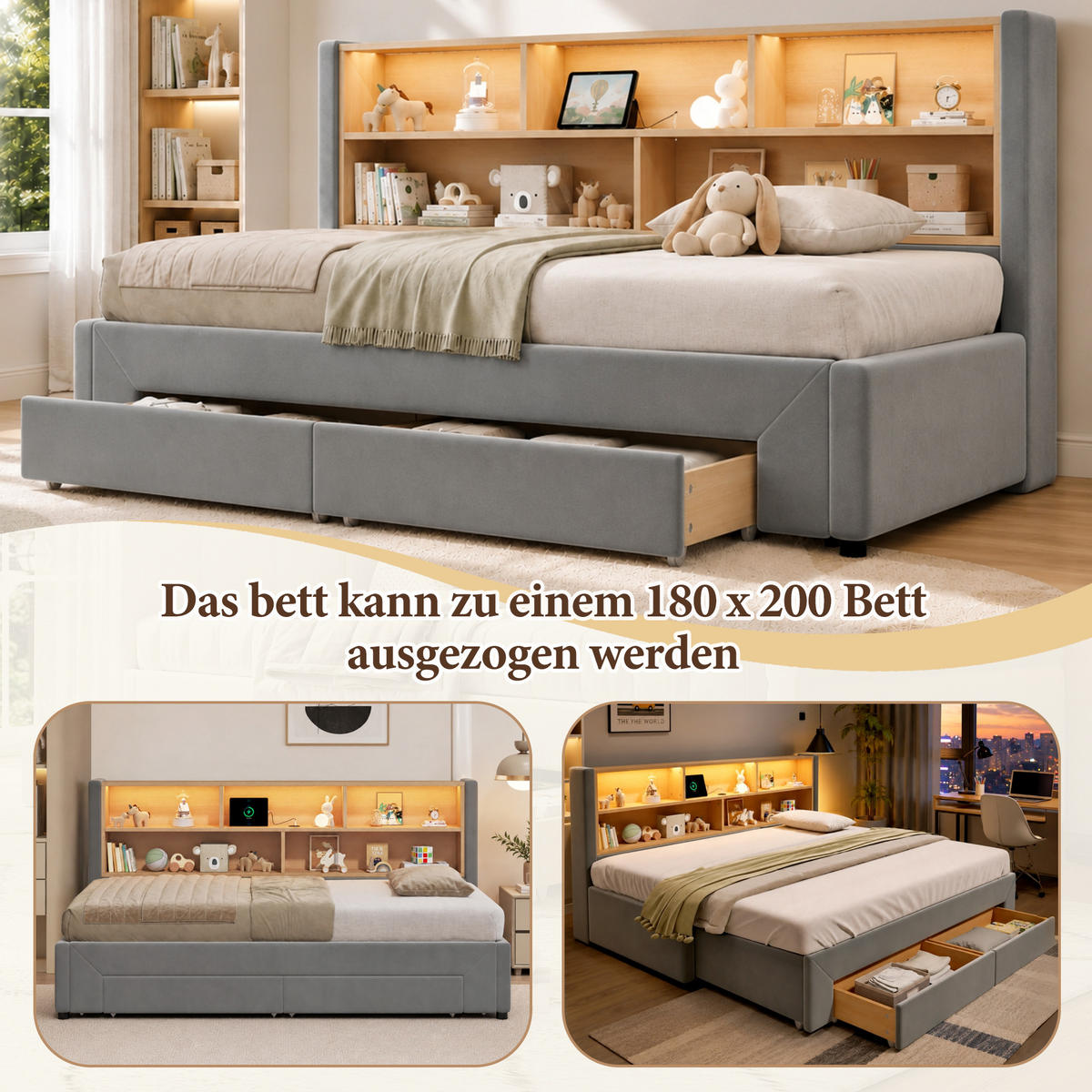 POLSTERBETT 90/200 cm & 180/200 cm in Grau mit Schubladen, offenen Fächern, USB, Type-C und LED Samt Design - Grau, Holzwerkstoff/Textil (90/200cm) - STILVORA