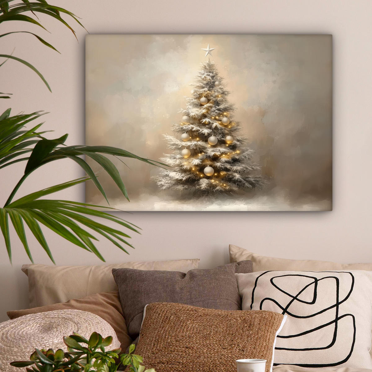 LEINWANDBILD Weihnachten - Weihnachtsbaum - Schnee - Kunst Wandbilder 80x60 cm - Champagner, Textil (80/60cm) - MuchoWow